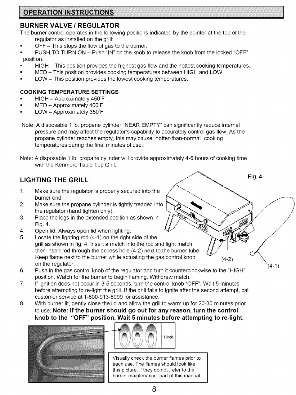 Burner valve / regulator, Lighting the grill, Operation instructions | Kenmore 122.161249 User Manual | Page 8 / 14