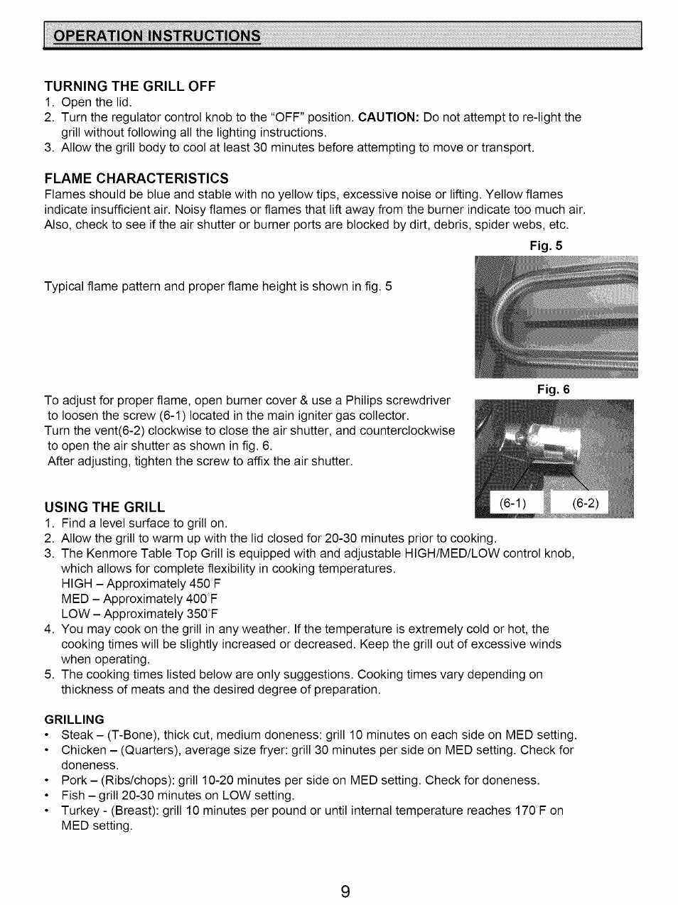 Grilling, Operation instructions | Kenmore 122.161249 User Manual | Page 9 / 14