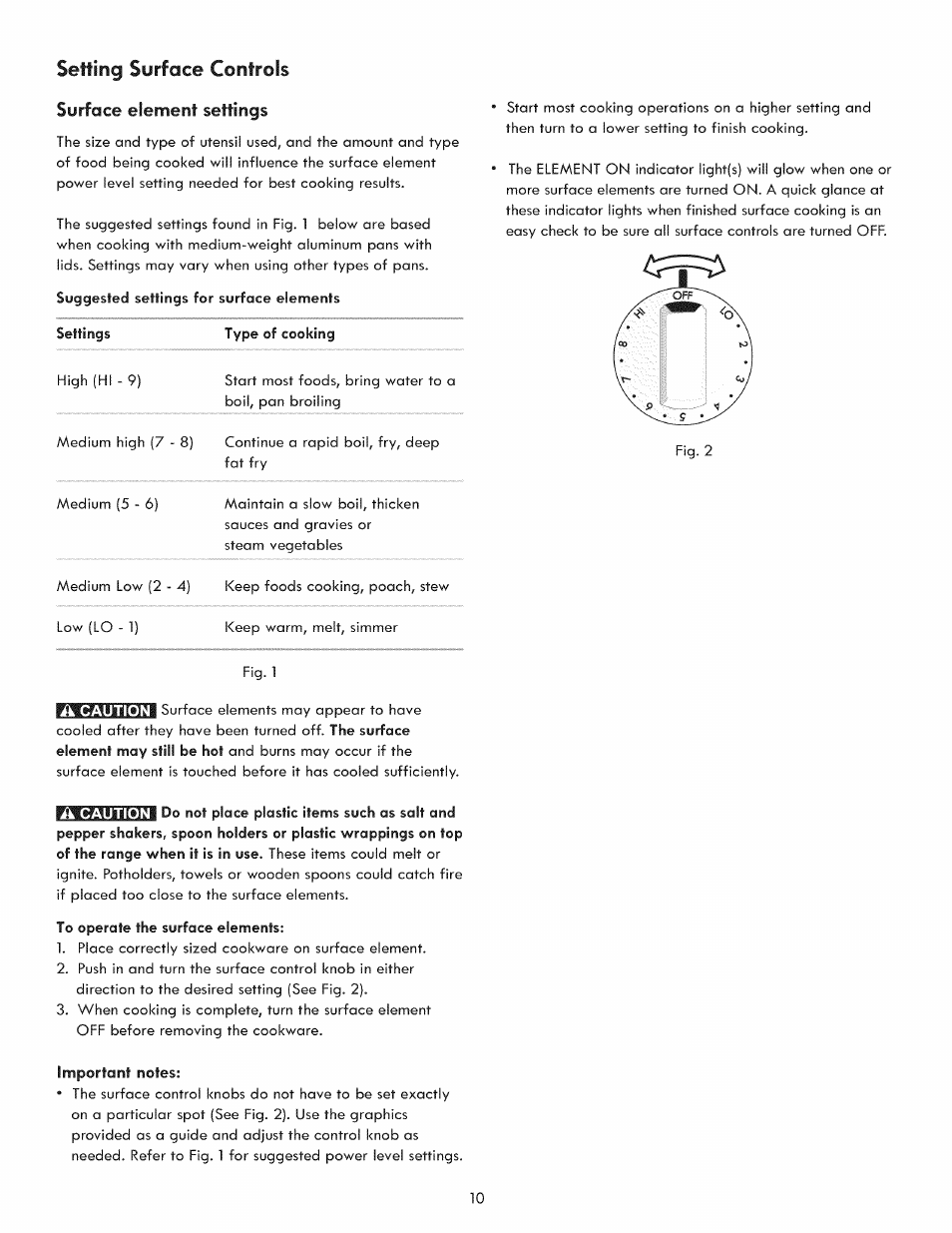 Setting surface controls, Surface element settings, Ik caution | Kenmore 970-5984 User Manual | Page 10 / 36