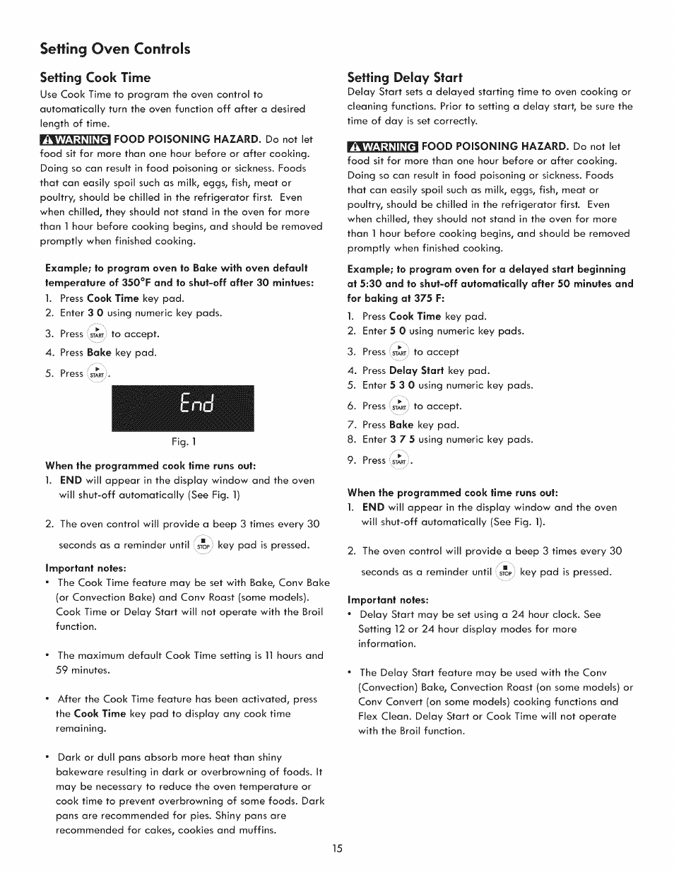 Setting oven controls, Time | Kenmore 970-5984 User Manual | Page 15 / 36