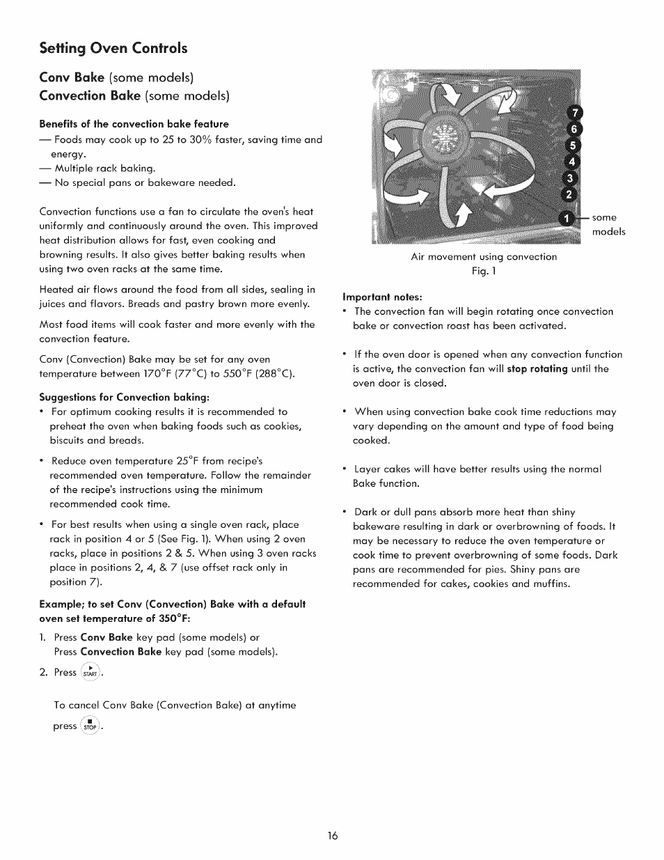 Convection, Setting oven controls, Conv bake (some models) | Bake (some models) | Kenmore 970-5984 User Manual | Page 16 / 36