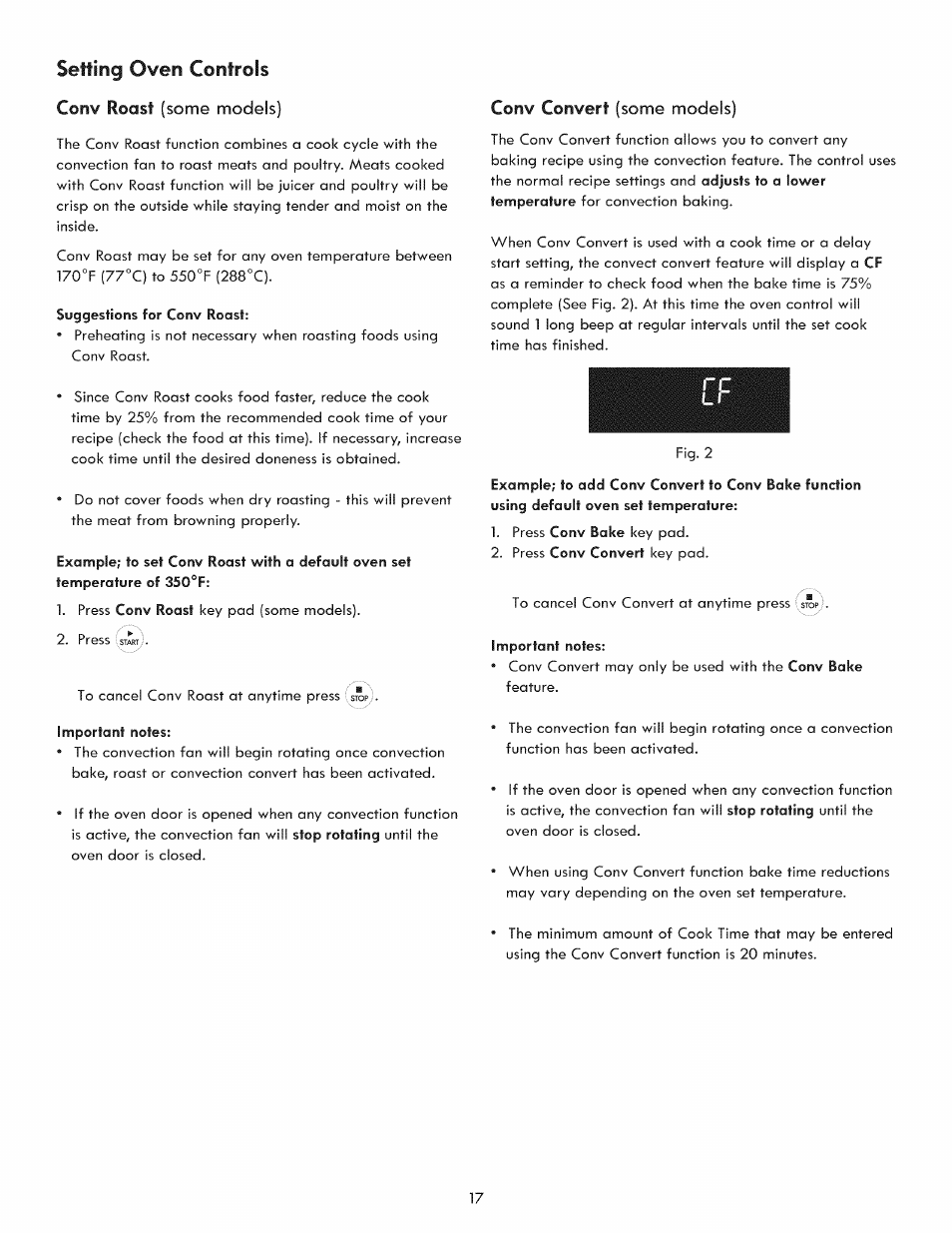 Conv roast (some models), Conv convert (some models), Setting oven controls | Convert, Conv, Some models) | Kenmore 970-5984 User Manual | Page 17 / 36