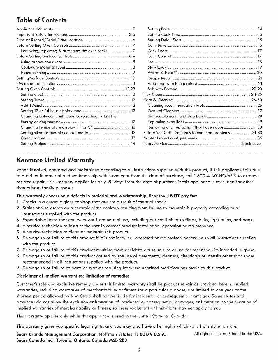 Kenmore limited warranty, Table of conteofs | Kenmore 970-5984 User Manual | Page 2 / 36