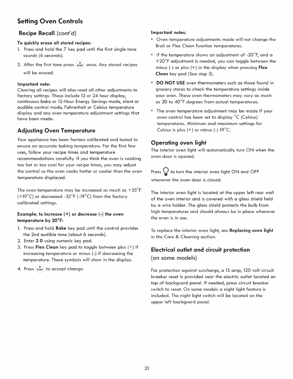 On some models), Setting oven controls recipe recall, Adjusting oven temperature | Operating oven light, Electrical outlet and circuit protection | Kenmore 970-5984 User Manual | Page 21 / 36