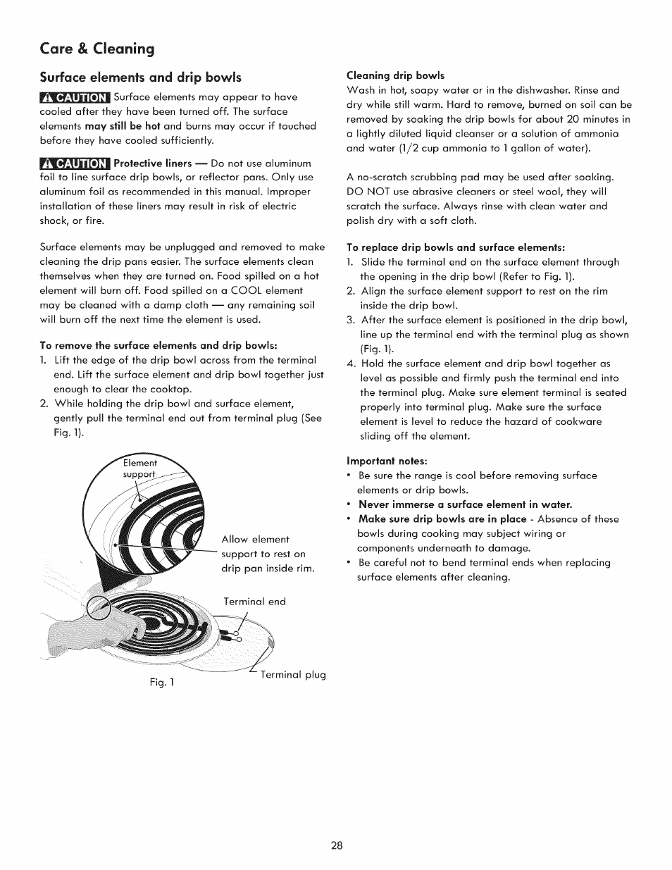 Fig. 1), Care & cleaning, Surface elements and drip bowls | Ik caution | Kenmore 970-5984 User Manual | Page 28 / 36