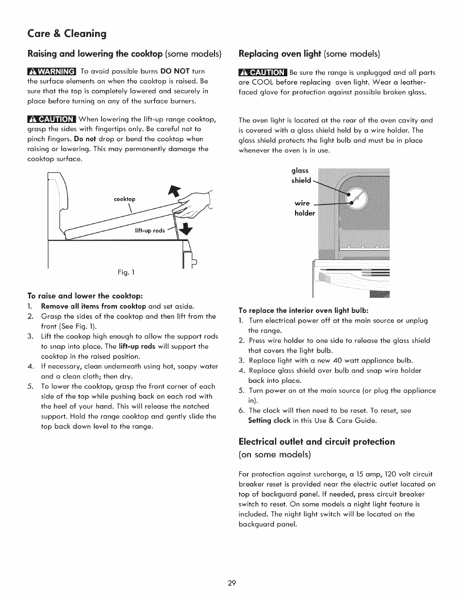 A warning, To raise and lower the cooktop, On some models) | Raising and lowering the cooktop, Care & cieoning, Replacing oven light, Electrical outlet and circuit protection | Kenmore 970-5984 User Manual | Page 29 / 36