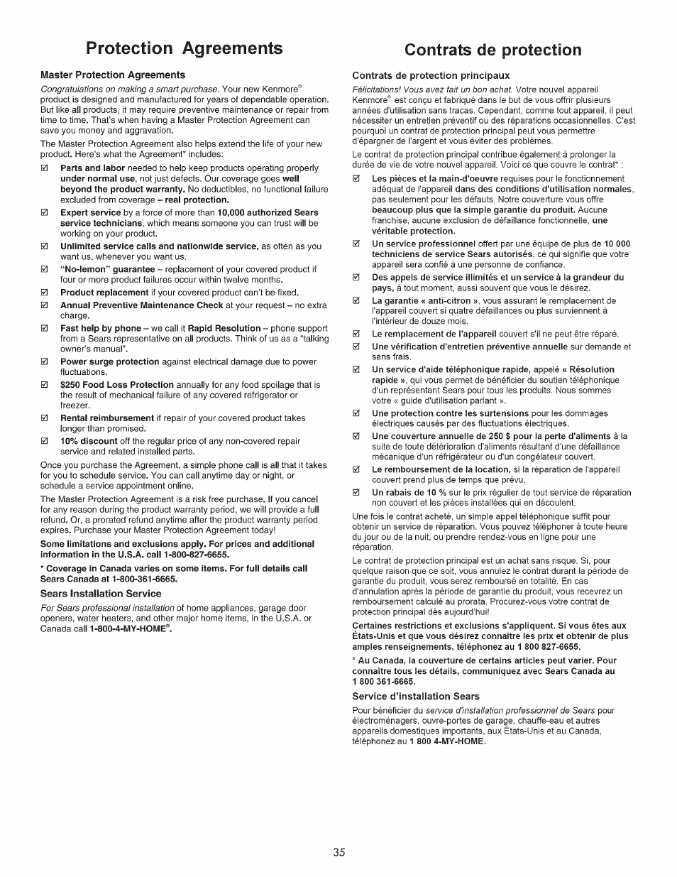 Master protection agreements, Contrats de protection principaux, Service d’installation sears | Protection agreements, Contrats de protection, Sears, Service, Installation | Kenmore 970-5984 User Manual | Page 35 / 36