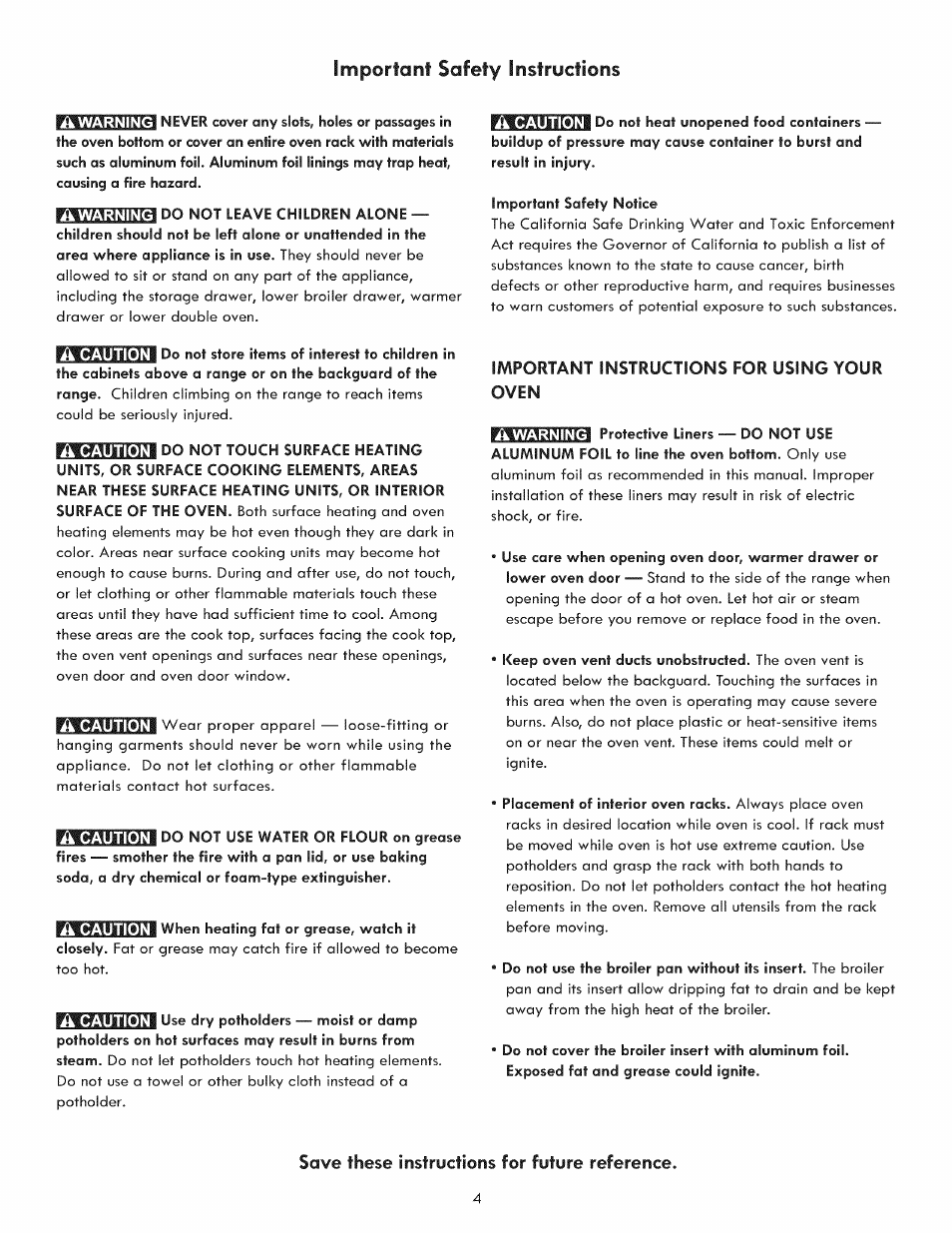 Important sofety instructions, Oven, A warning | A caution, Ik caution, Important instructions for using your, Save these instructions for future reference | Kenmore 970-5984 User Manual | Page 4 / 36