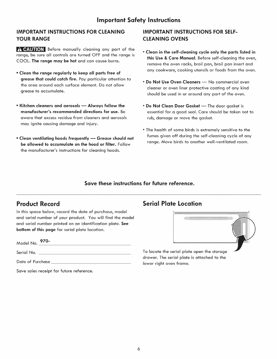 Product record, Serial plate location, Instructions for | Kenmore 970-5984 User Manual | Page 6 / 36