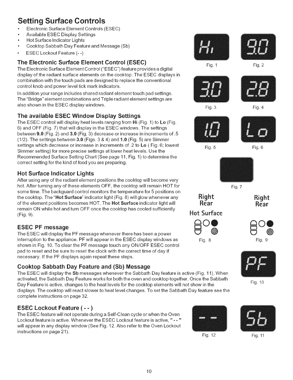 Setting surface controls, The electronic surface element control (esec), The available esec window display settings | Hot surface indicator lights, Cooktop sabbath day feature and (sb) message, Before setting surface controis, Right, Esec pf message, Esec lockout feature (- -), Right rear hot surface | Kenmore 790-.9663 User Manual | Page 10 / 50