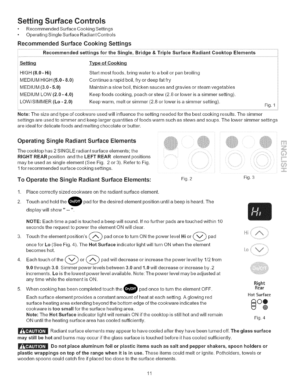 Setting surface controls, Operating single radiant surface elements, To operate the single radiant surface elements | Setting oven controls -37, Recommencleci surface cooking settings | Kenmore 790-.9663 User Manual | Page 11 / 50