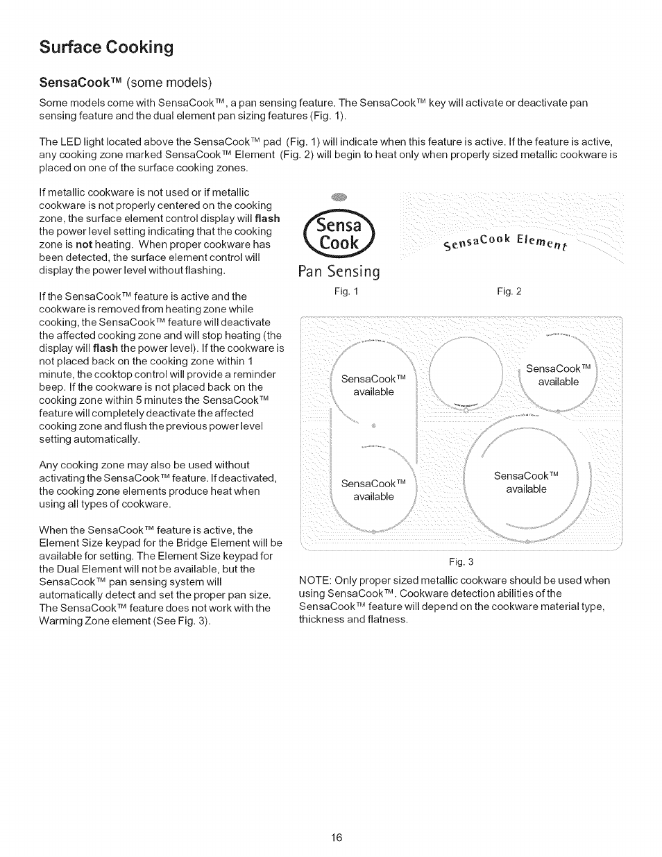 Surface cooking, Surface cooking -17, Sensa | Pan sensing, Sensacook, Some modeis) | Kenmore 790-.9663 User Manual | Page 16 / 50