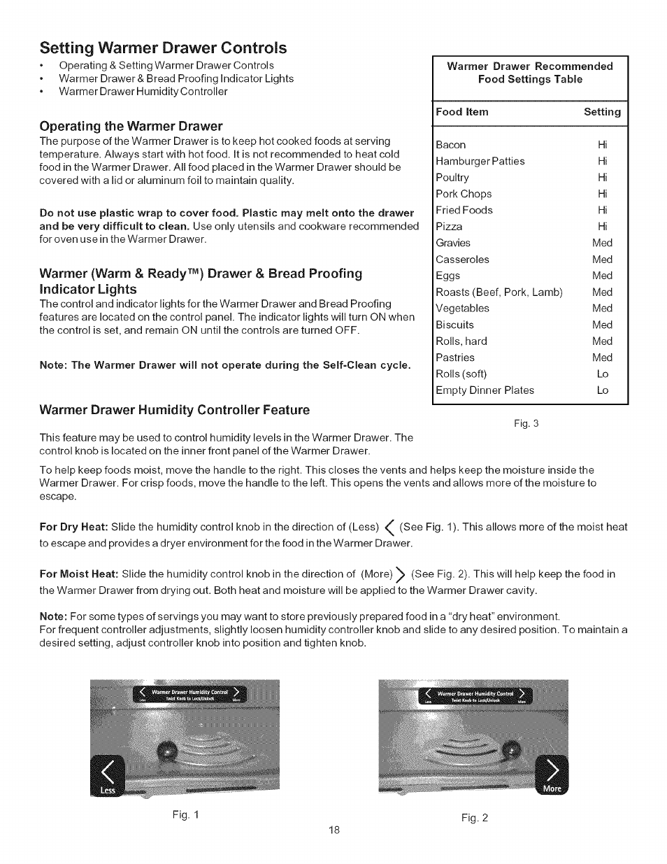 Operating the warmer drawer, Warmer drawer humidity controller feature, Setting warmer drawer controls | Kenmore 790-.9663 User Manual | Page 18 / 50