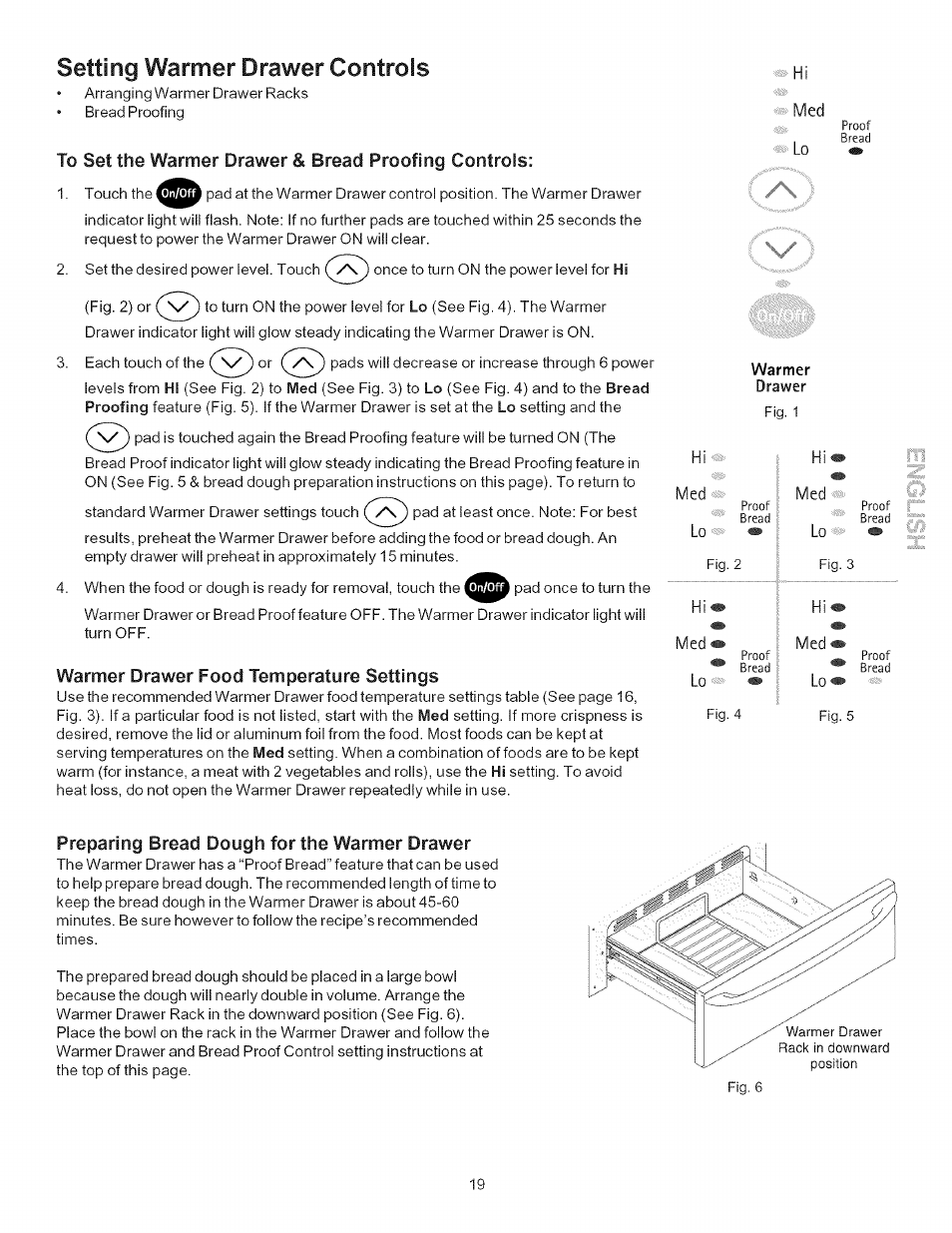 Setting warmer drawer controls, To set the warmer drawer & bread proofing controls, Warmer drawer food temperature settings | Preparing bread dough for the warmer drawer, Setting warmer drawer & controls -19, Hi med | Kenmore 790-.9663 User Manual | Page 19 / 50