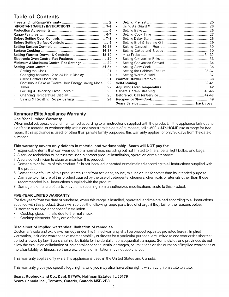 Kenmore 790-.9663 User Manual | Page 2 / 50