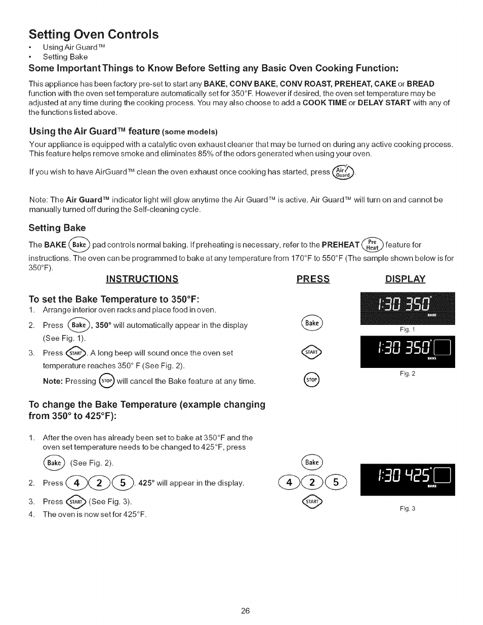 Using the air guard™ feature (some models), Setting bake, Instructions | To set the bake temperature to 350°f, H35'0, Setting oven controls, 3cn° ■du jdu, Using the air guard™ feature, Display | Kenmore 790-.9663 User Manual | Page 26 / 50