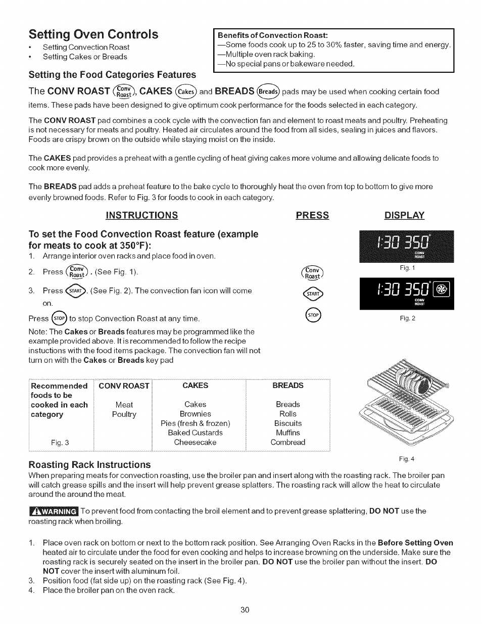 Setting the food categories features, Instructions, Press | Display, Roasting rack instructions, Setting oven controls, Conv roast cakes, Breads | Kenmore 790-.9663 User Manual | Page 30 / 50