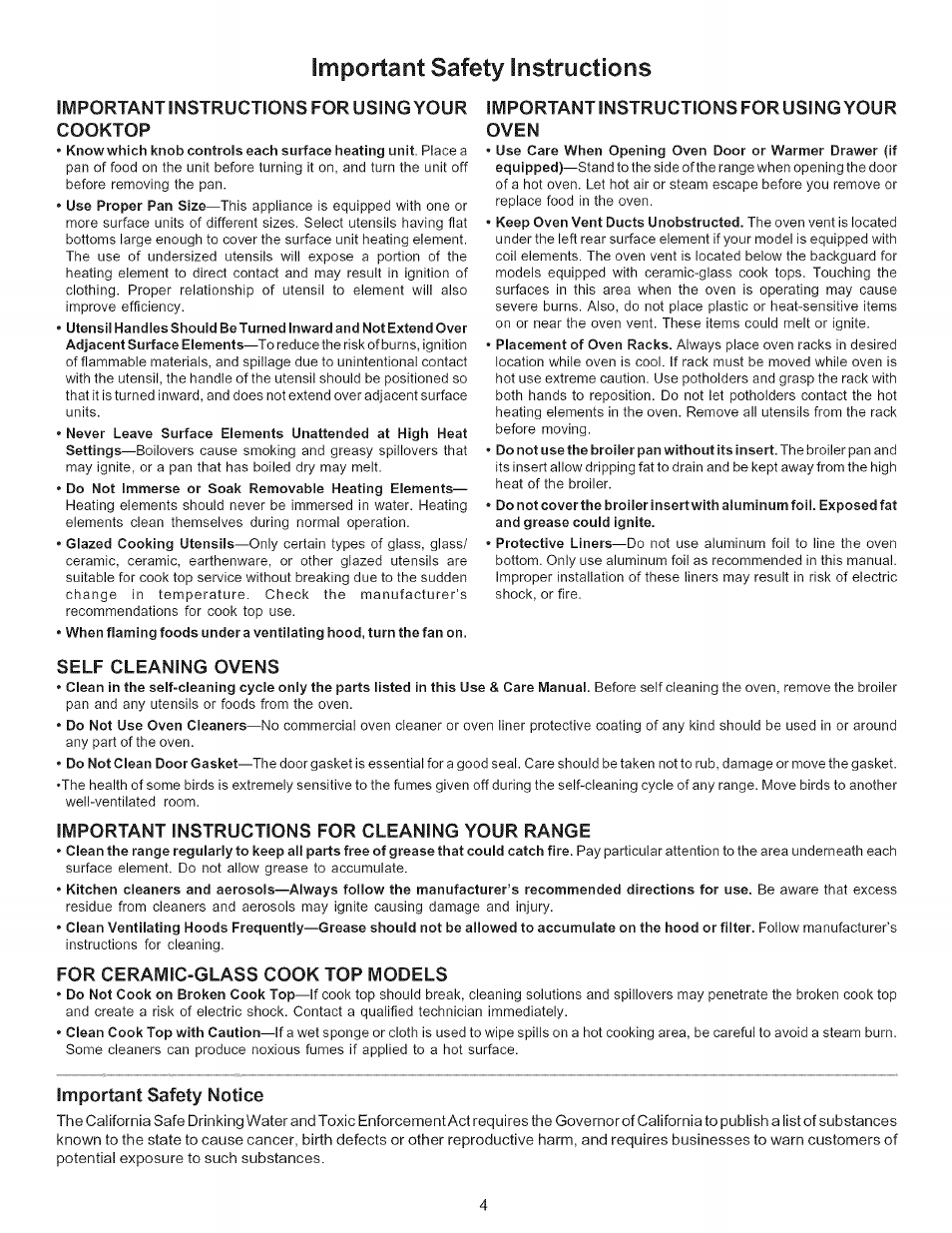 Important safety instructions, Important instructions for using your oven, Self cleaning ovens | Important instructions for cleaning your range, For ceramic-glass cook top models, Important safety notice, Importantinstructions for using your cooktop | Kenmore 790-.9663 User Manual | Page 4 / 50