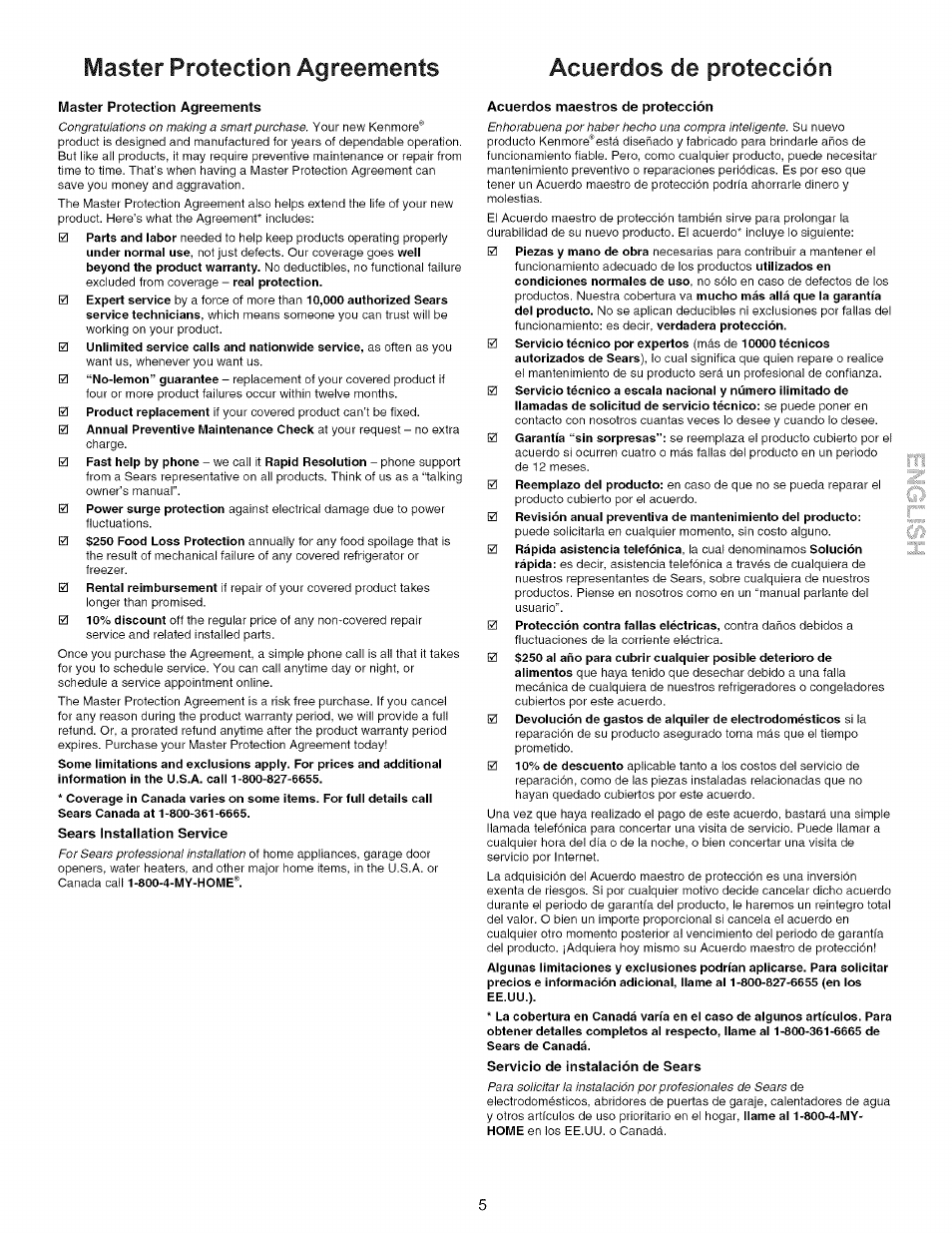 Iviaster protection agreements | Kenmore 790-.9663 User Manual | Page 5 / 50