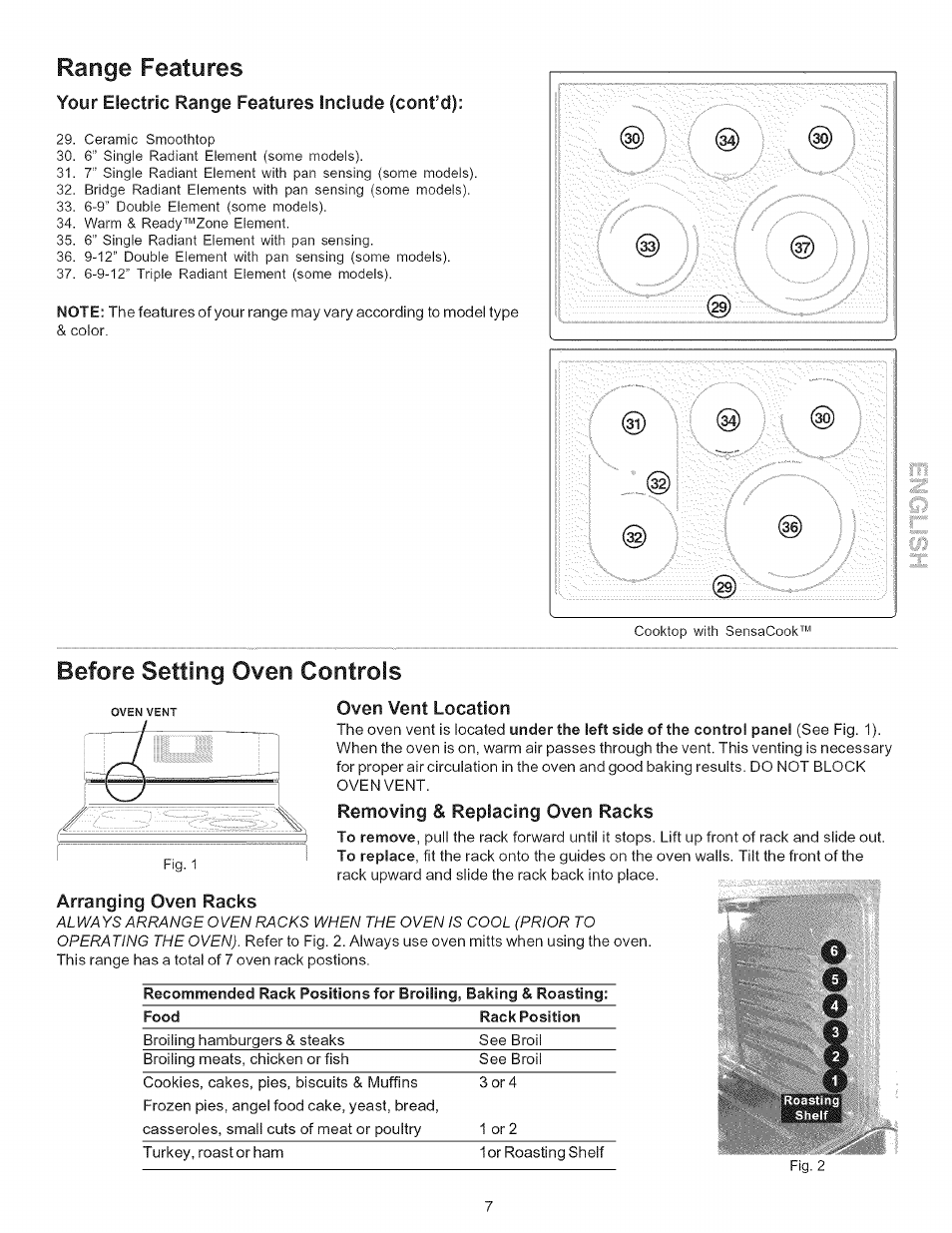 Range features, Oven vent location, Removing & replacing oven racks | Arranging oven racks, Before setting oven controls, Your electric range features include (conf d) | Kenmore 790-.9663 User Manual | Page 7 / 50