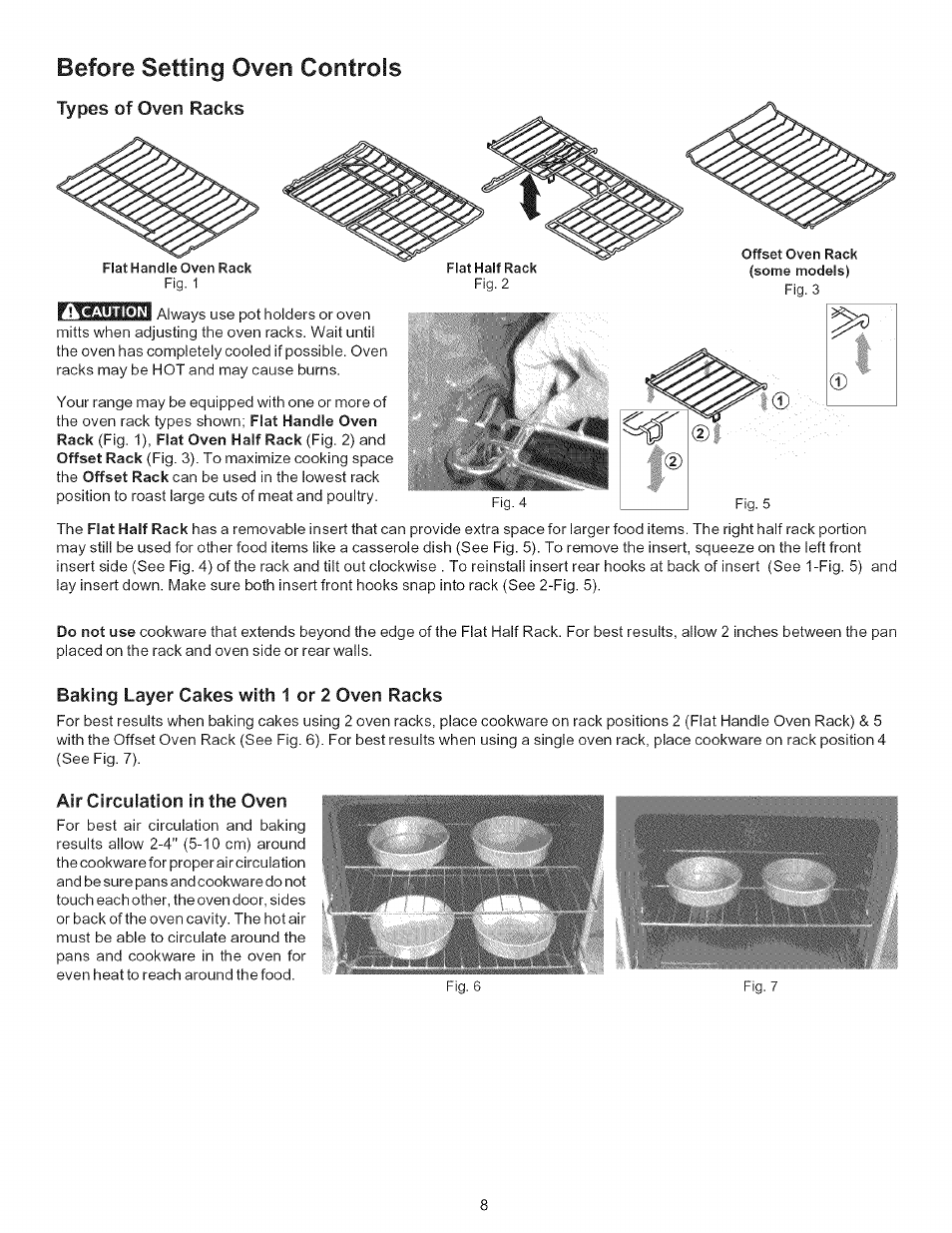 Before setting oven controls, Types of oven racks, Baking layer cakes with 1 or 2 oven racks | Air circulation in the oven, Before setting oven controis -8 | Kenmore 790-.9663 User Manual | Page 8 / 50