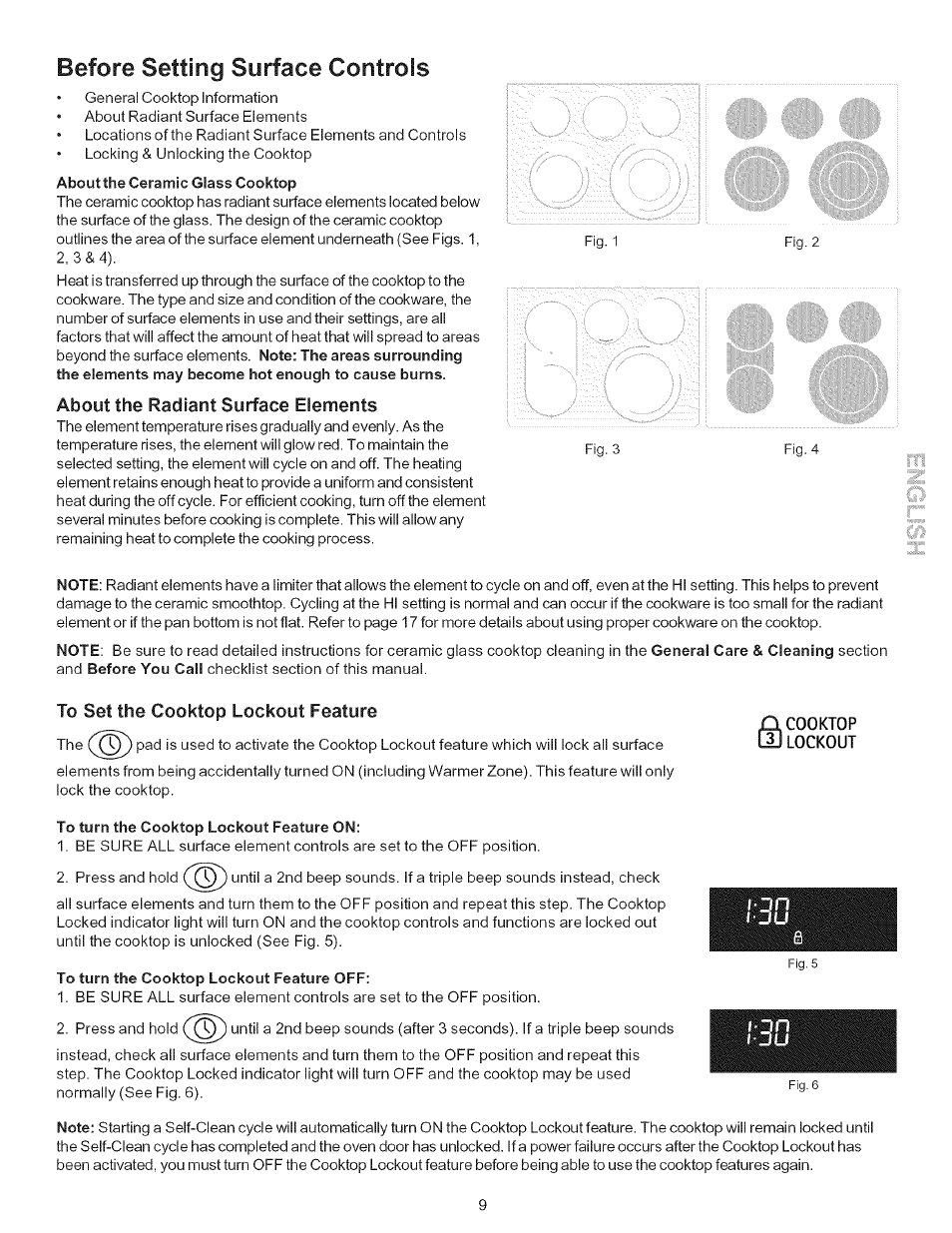 Before setting surface controls, Setting surface controls -15, About the radiant surface elements | I'll, The cooktop lockout feature, Cooktop lockout | Kenmore 790-.9663 User Manual | Page 9 / 50