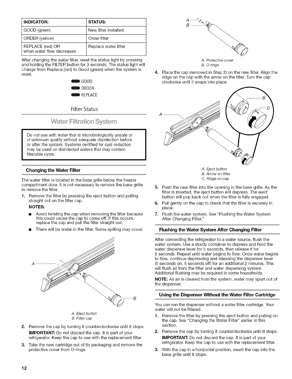 Feier fifcnation system, Changing the water filter, Flushing the water system after changing filter | Kenmore WIOI67097A User Manual | Page 12 / 72