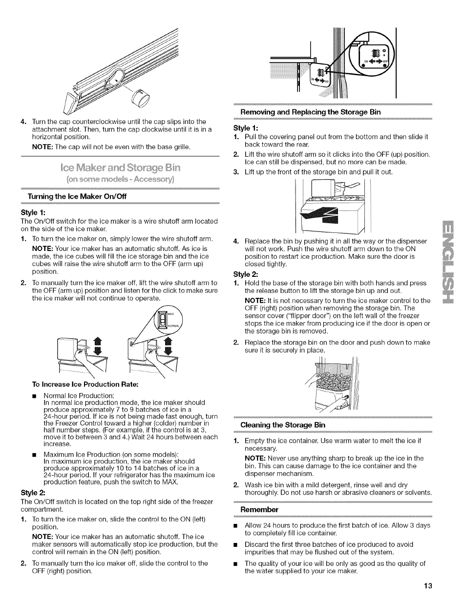 Turning the ice maker on/off stylet, Removing and replacing the storage bin stylet, Cleaning the storage bin | Remember | Kenmore WIOI67097A User Manual | Page 13 / 72