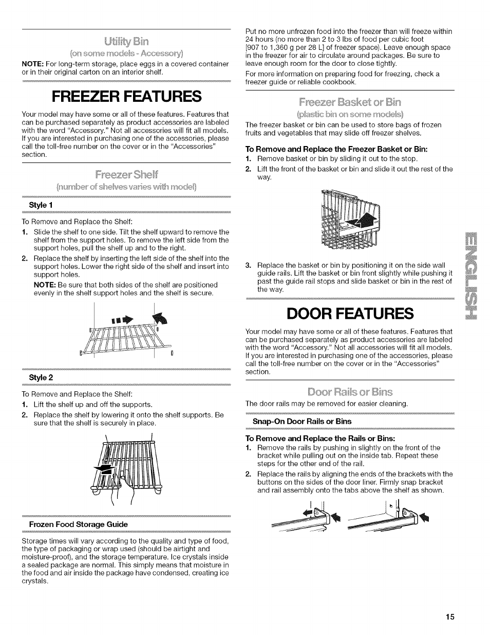 Freezer features, Freezer stiei, Door features | Kenmore WIOI67097A User Manual | Page 15 / 72