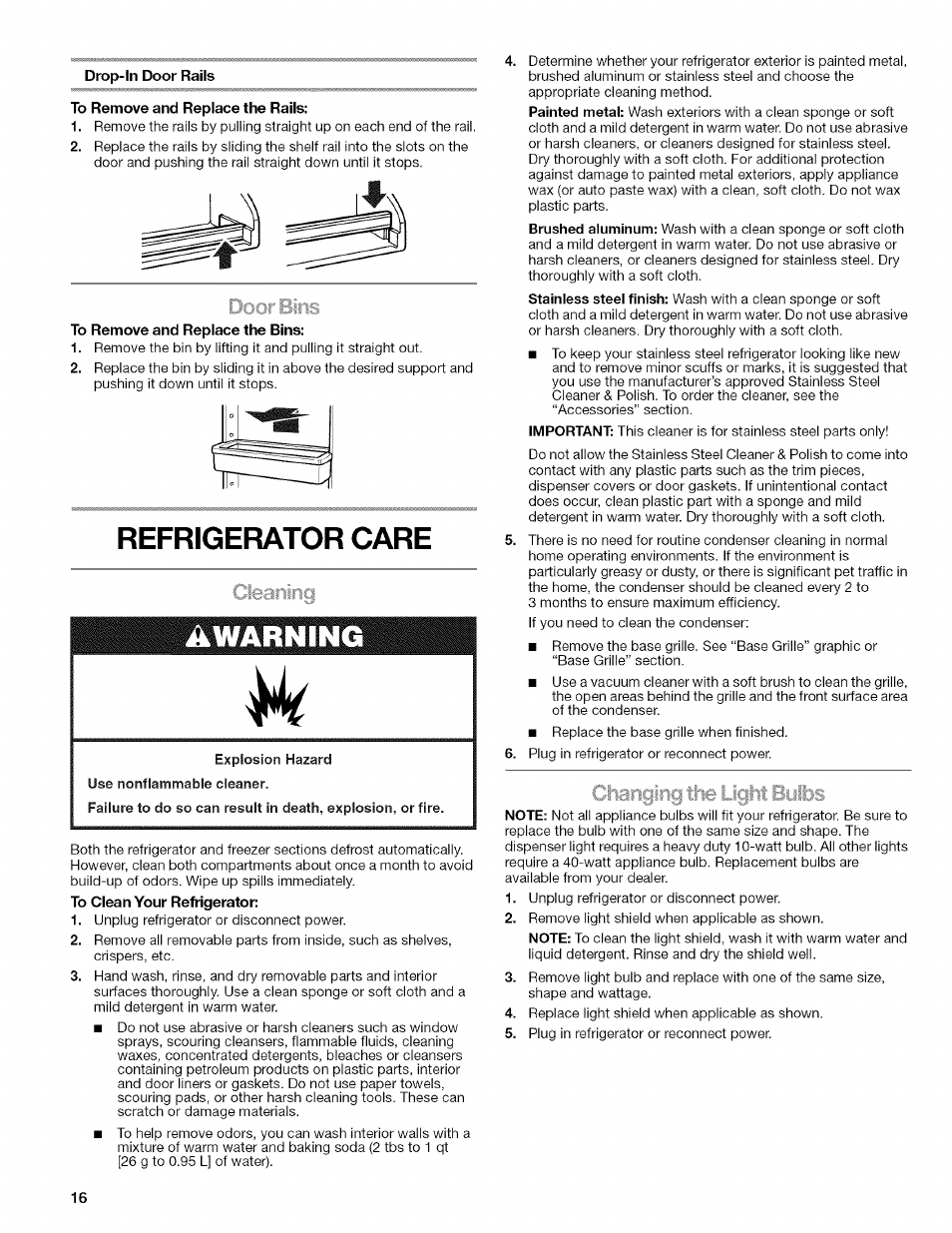 Drop-in door rails, To remove and replace the rails, To remove and replace the bins | Refrigerator care, Clearting, Refrigerator shelves | Kenmore WIOI67097A User Manual | Page 16 / 72