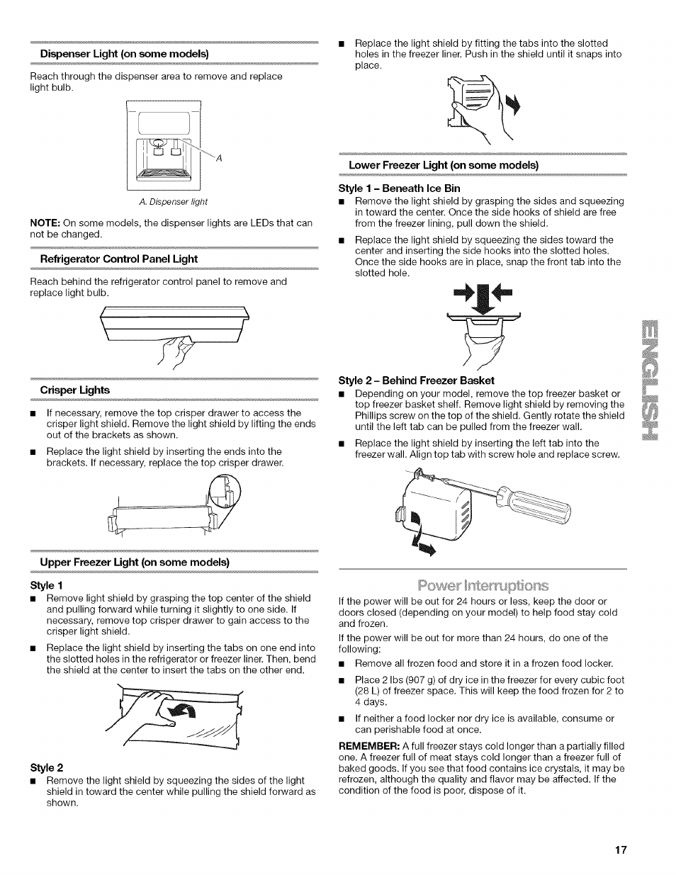 Dispenser light (on some modeis), Refrigerator controi panei light, Crisper lights | Upper freezer light (on some modeis), Styie 1, Styie 2, Lower freezer light (on some modeis), Styie 1 - beneath ice bin, Styie 2 - behind freezer basket | Kenmore WIOI67097A User Manual | Page 17 / 72