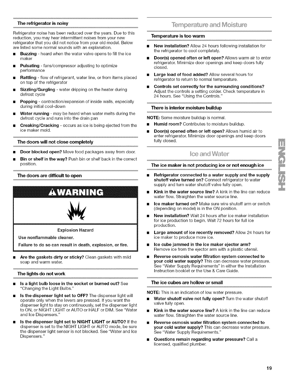 The doors will not close completely, The doors are difficult to open, The lights do not work | Temperature is too warm, There is interior moisture buildup, The ice cubes are hollow or small, Tempera!'■: ■■ iolsture | Kenmore WIOI67097A User Manual | Page 19 / 72