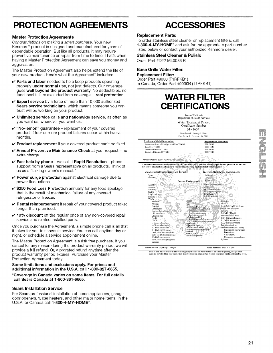 Protection agreements, Accessories, Master pratection agreements | Sears installation service, Replacement parts, Base grille water filter, Water filter certifications, Protection agreements accessories, Nh>lkii/me, Loluvre | Kenmore WIOI67097A User Manual | Page 21 / 72