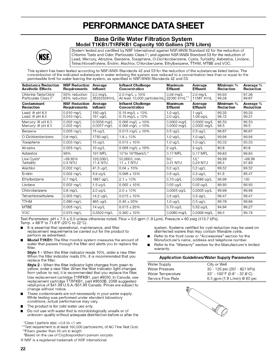 Performance data sheet, Application guidelines/water supply parameters, Base grille water filtration system | Kenmore WIOI67097A User Manual | Page 22 / 72