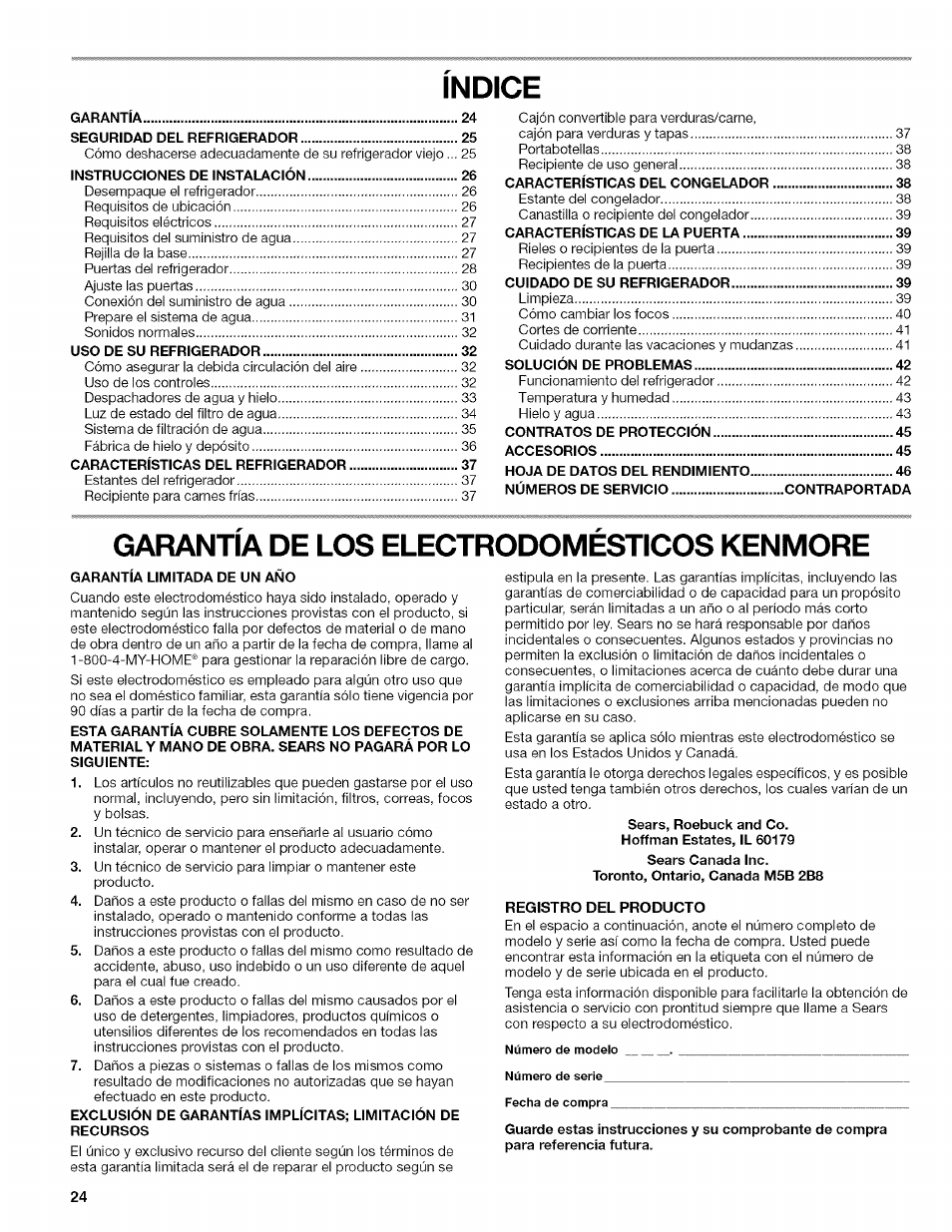 Indice, Garantia de los electrodomesticos kenmore | Kenmore WIOI67097A User Manual | Page 24 / 72