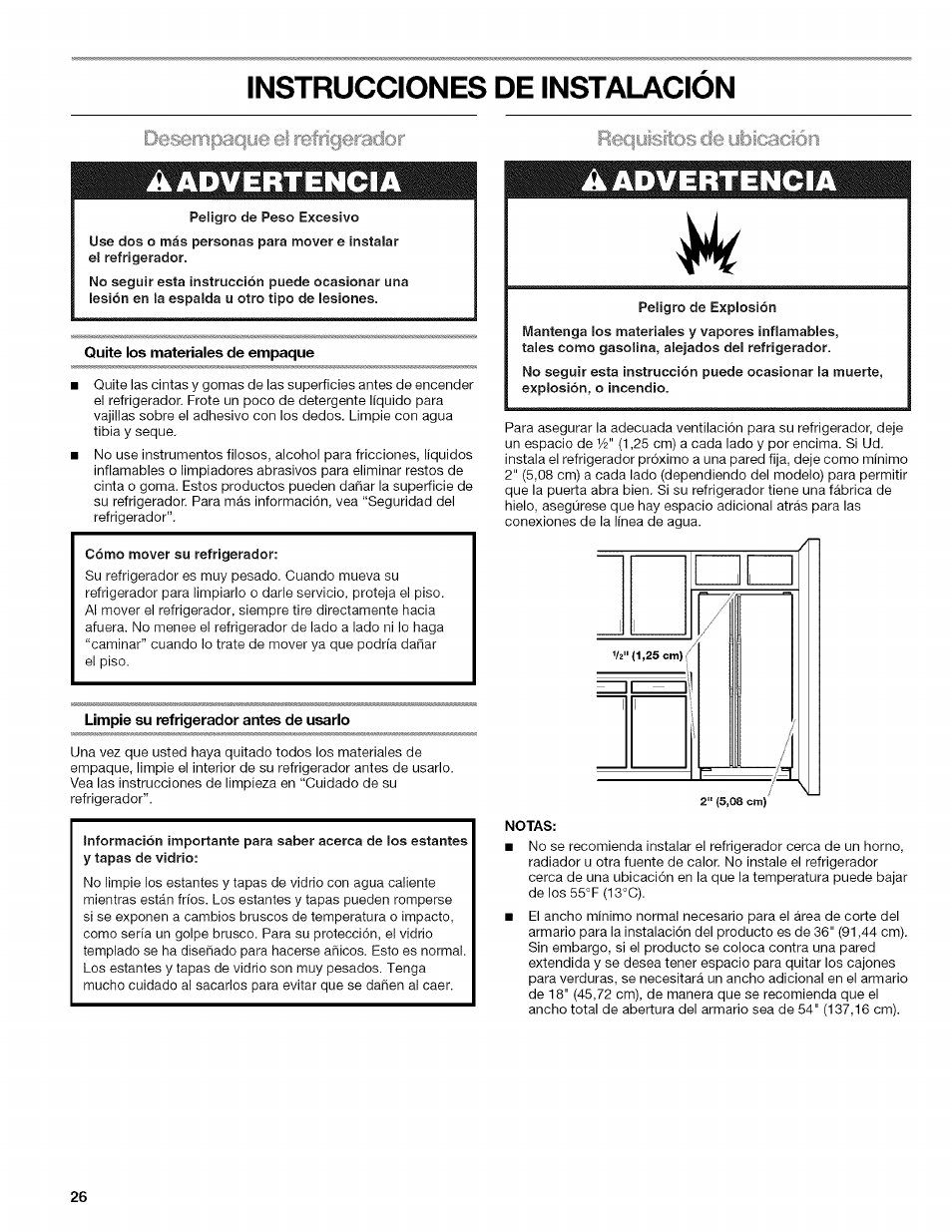 Instrucciones de instalacion, Quite los materiales de empaque, Limpie su refrigerador antes de usarlo | Instrucciones de instalación, Aadvertencia | Kenmore WIOI67097A User Manual | Page 26 / 72