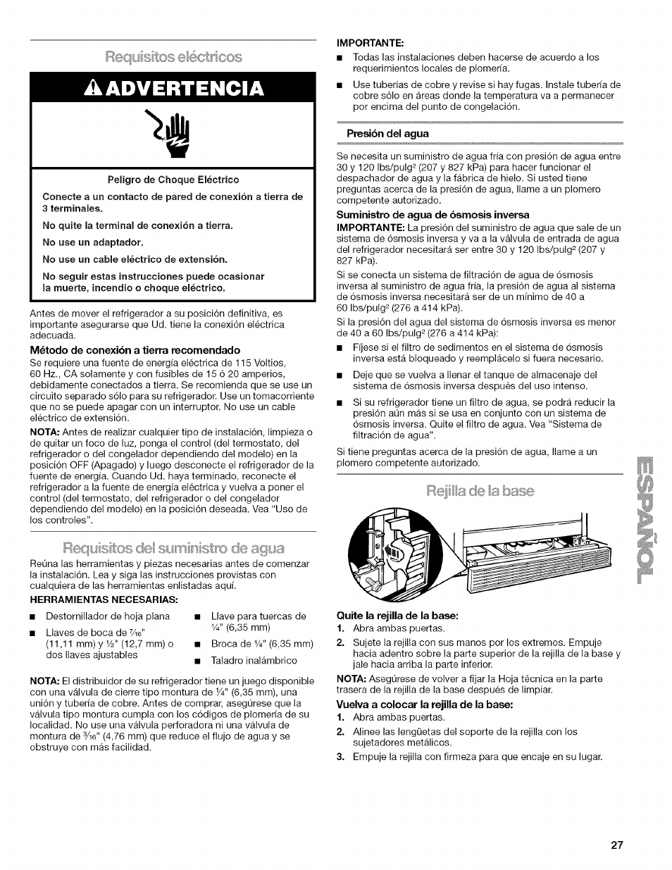 Requisitos eléctricos, Rec|yisrtos deí surriíriistro de agya, Presión del agua | Relilla de la base, Quite la rejilla de la base, Rejilla de la base, A advertencia | Kenmore WIOI67097A User Manual | Page 27 / 72