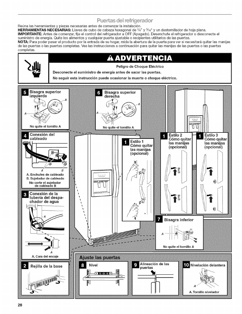 Puertas del refrigeracior, Alineación de las puertas, Puertas del refrigerador | A advertencia litty, Ajuste las puertas | Kenmore WIOI67097A User Manual | Page 28 / 72