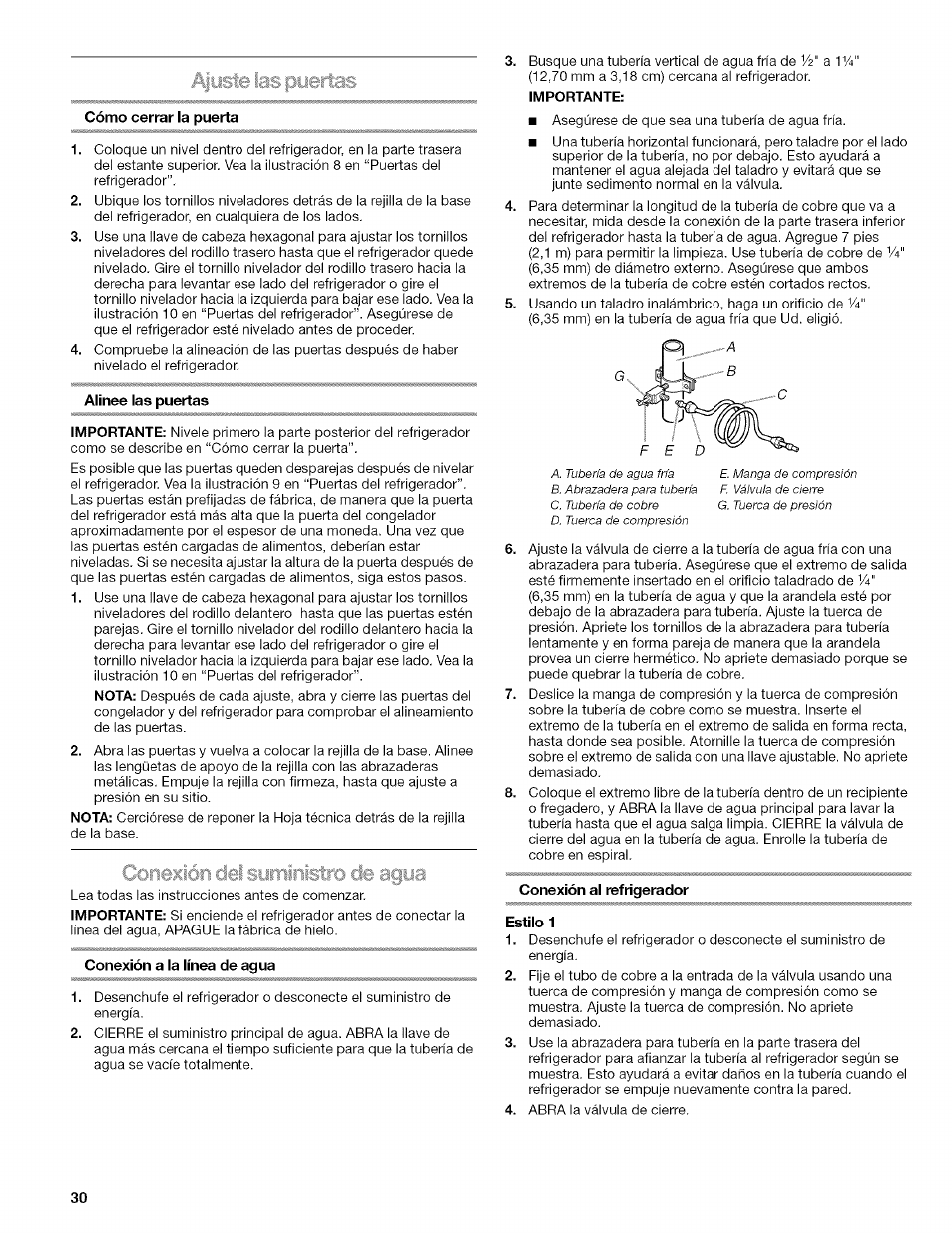 Como cerrar la puerta, Alinee las puertas, Conexión a la línea de agua | Importante, Conexión al refrigerador, Estilo 1 | Kenmore WIOI67097A User Manual | Page 30 / 72