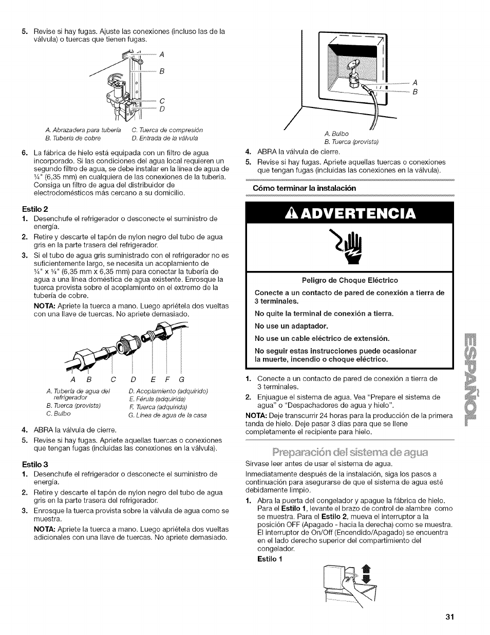 Estilo 2, Estilo 3, Cómo terminar la instalación | A advertencia | Kenmore WIOI67097A User Manual | Page 31 / 72