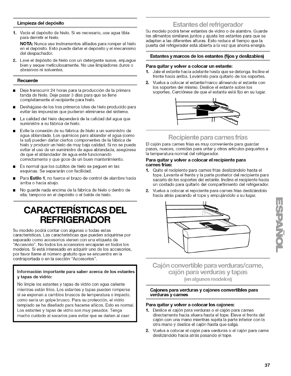 Limpieza dei depósito, Recuerde, Caracteristicas del refrigerador | Rfjcíiplerite f3c. ■ ■■■ mes frías, Características del refrigerador | Kenmore WIOI67097A User Manual | Page 37 / 72