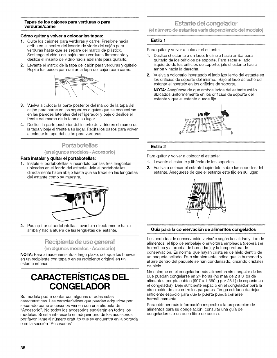 Cómo quitar y volver a colocar las tapas, Para instalar y quitar el portabotellas, Caracteristicas del congelador | Estilo 1, Guía para la conservación de alimentos congelados, Características del congelador | Kenmore WIOI67097A User Manual | Page 38 / 72