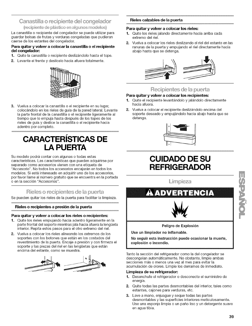 Rieles calzables de la puerta, Caracteristicas de la puerta, Rieles o recipientes de la pyerta | Rieles o recipientes a presión de la puerta, Para quitar y volver a colocar los rieles, Recipientes de ia pyerta, Cuidado de su refrigerador, Características de la puerta | Kenmore WIOI67097A User Manual | Page 39 / 72
