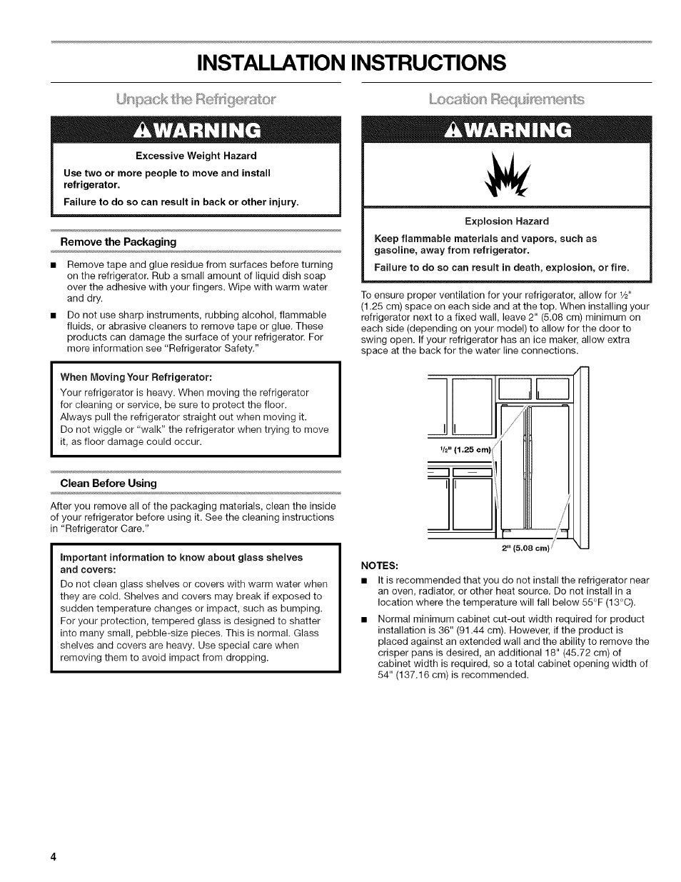 Installation instructions, Warning, Remove the packaging | Clean before using | Kenmore WIOI67097A User Manual | Page 4 / 72