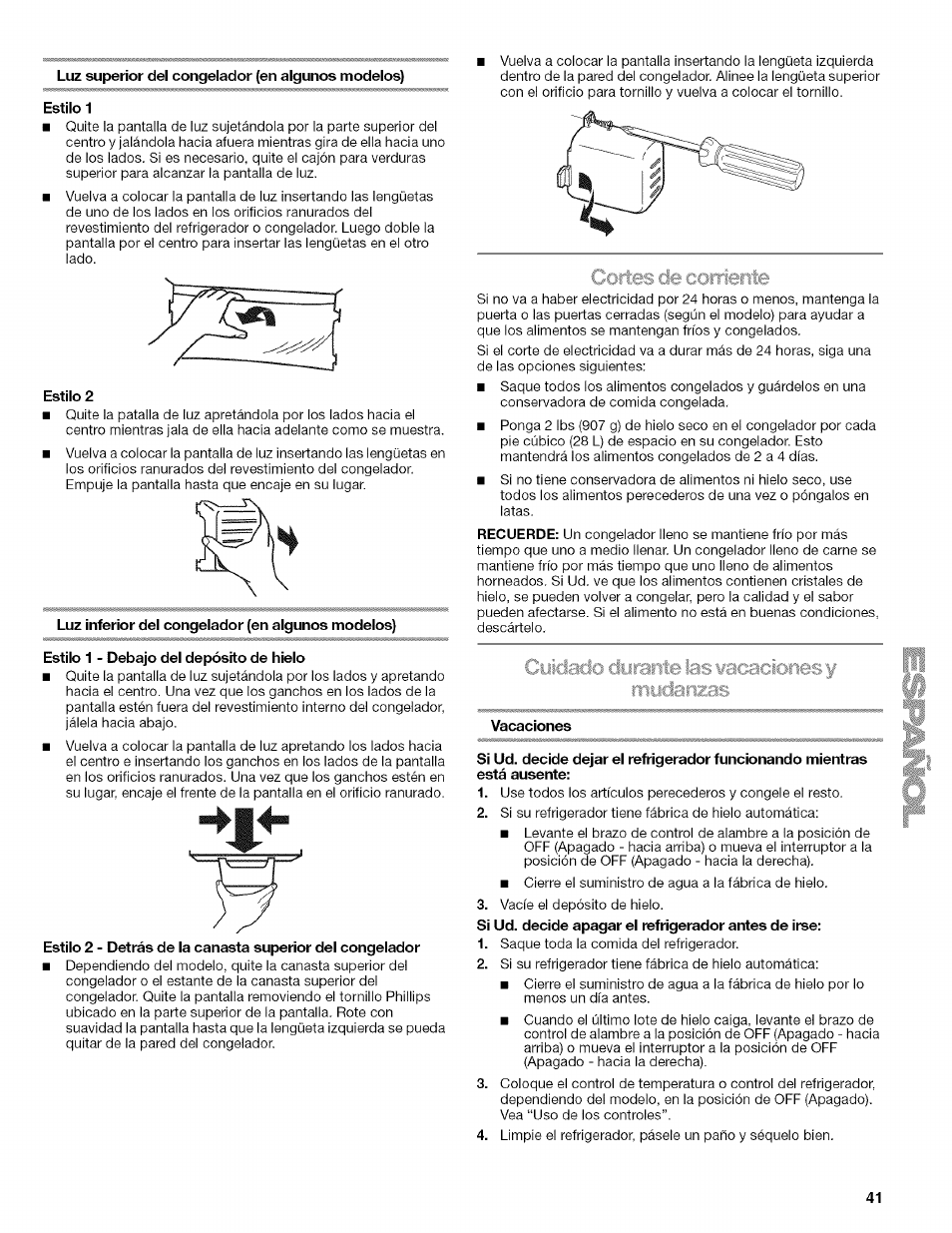 Luz superior del congelador (en algunos modelos), Estilo 1, Estilo 2 | Luz inferior del congelador (en algunos modelos), Estilo 1 - debajo del depósito de hielo, Vacaciones | Kenmore WIOI67097A User Manual | Page 41 / 72