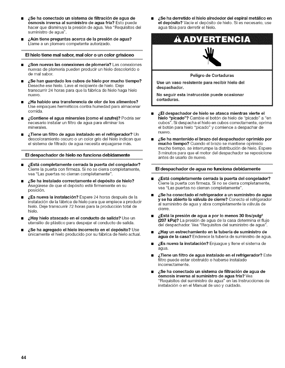 El despachador de hielo no funciona debidamente, El despachador de agua no funciona debidamente | Kenmore WIOI67097A User Manual | Page 44 / 72