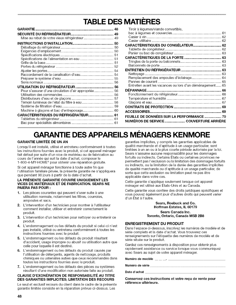 Table des matieres, Garantie des appareils menagers kenmore | Kenmore WIOI67097A User Manual | Page 48 / 72