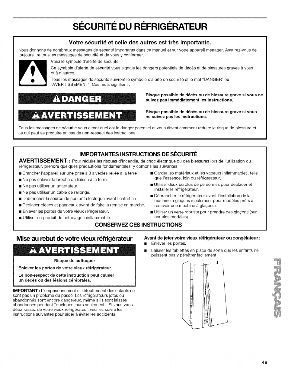 Securite du refrigerateur, Sécurité du réfrigérateur, Mise au rebut de votre vieux réfrigérateur | Importantes instructions de securite avertissement, Conservez ces instructions | Kenmore WIOI67097A User Manual | Page 49 / 72