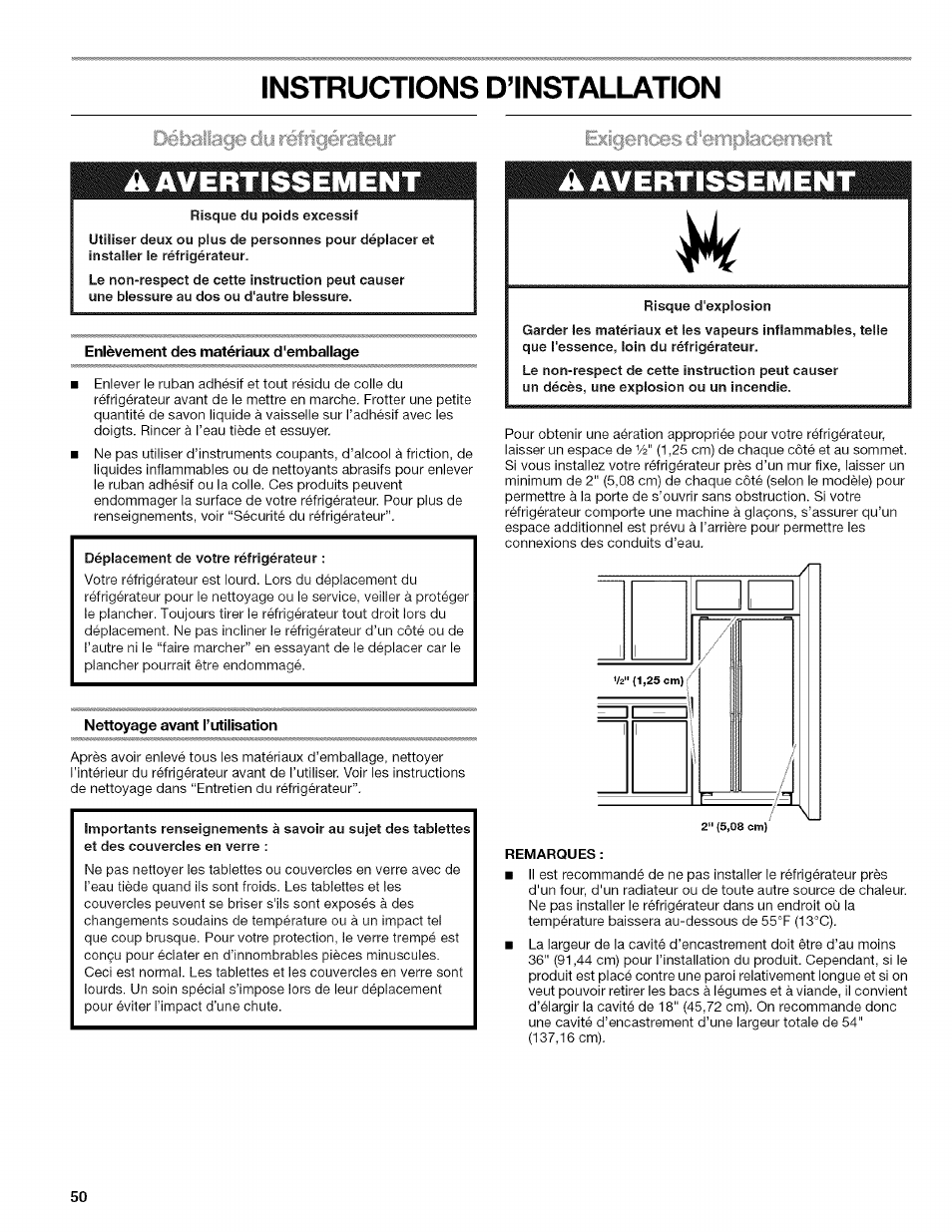 Instructions d’installation, Ik avertissement, Enlèvement des matériaux d'emballage | Nettoyage avant l’utilisation, Exigeriees d'ernpiacernent, A. avertissement, Avertissement | Kenmore WIOI67097A User Manual | Page 50 / 72