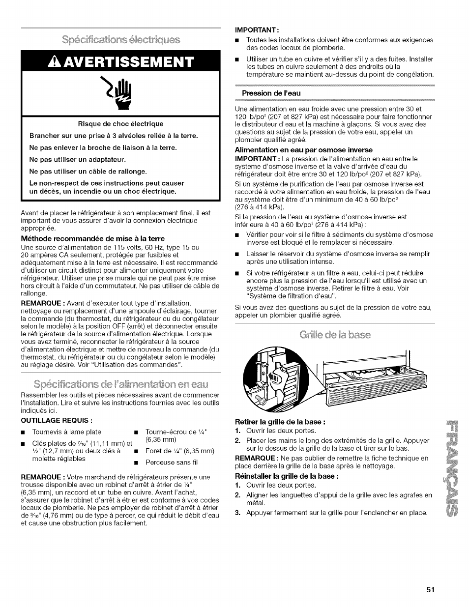 Spiciications éleatriciyes, A avertissement, Outillage requis | Important, Pression de l'eau, Retirer la grille de la base, Spécifications électriques, Avertissement | Kenmore WIOI67097A User Manual | Page 51 / 72